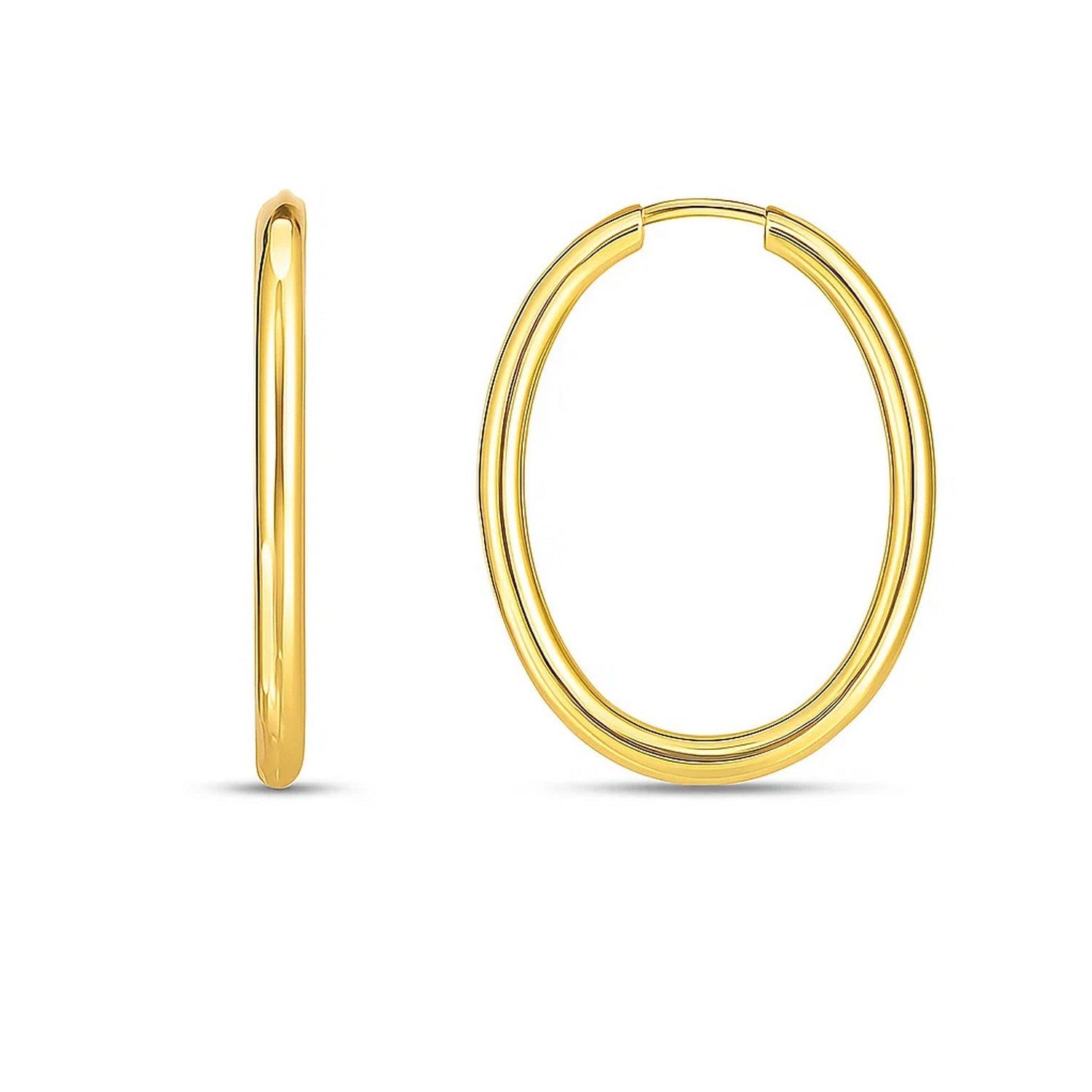 14k Yellow Gold Endless Oval Hoop Earrings(2x25mm) in a sleek high-contrast midnight luxury editorial style